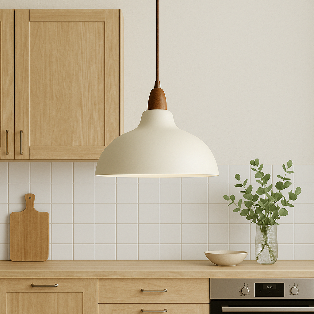 Hanglamp hout en metaal met gebogen kap – scandinavisch design