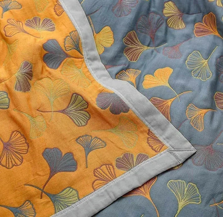 Omkeerbare woonplaid met ginkgobladpatroon – twee zijden