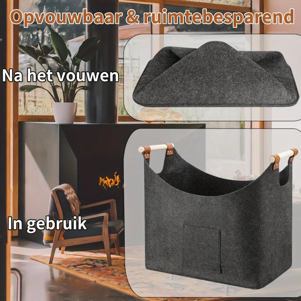 Opvouwbare haardhoutmand van vilt met houten handvatten – 55 liter