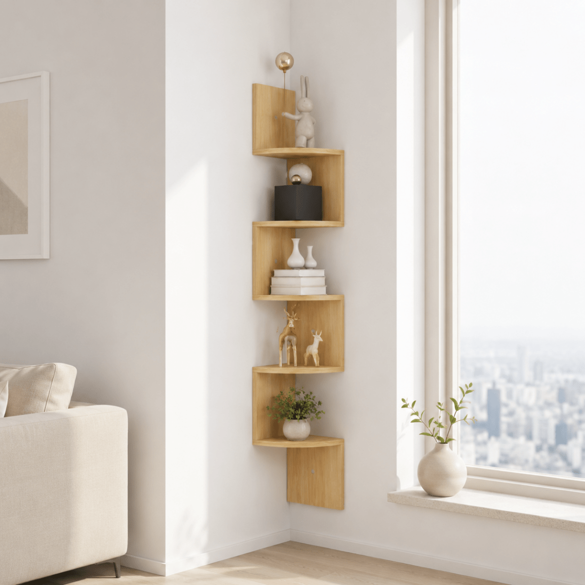 Hoekwandplank met meerdere niveaus voor woonkamer en kantoor