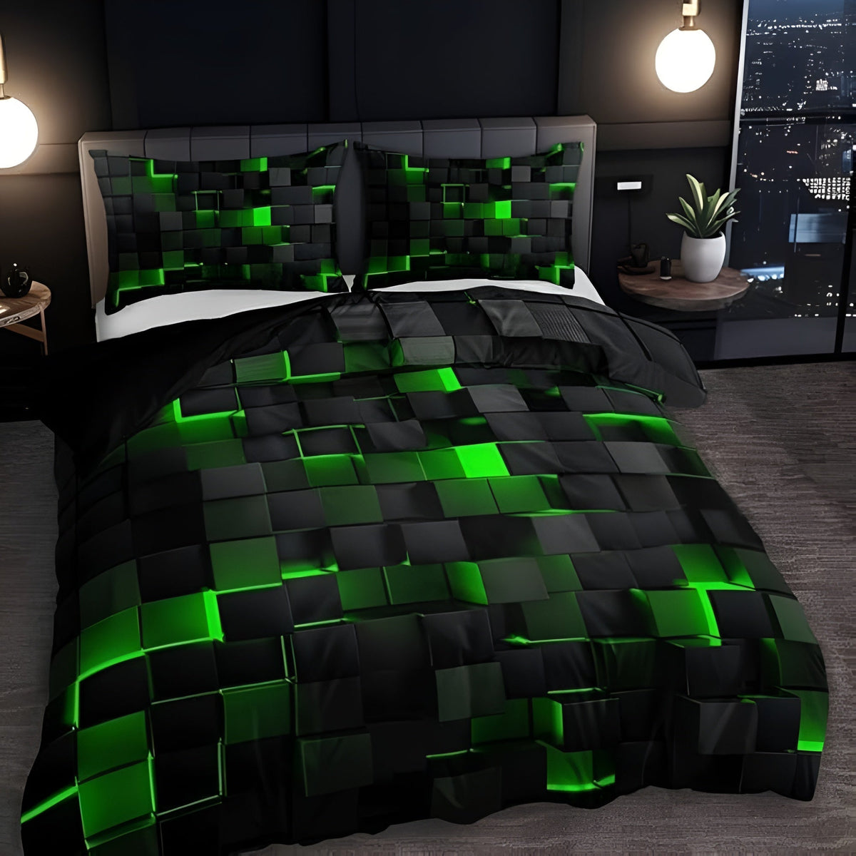 Geometrisch dekbedovertrek set met neon 3D grid print – microfiber