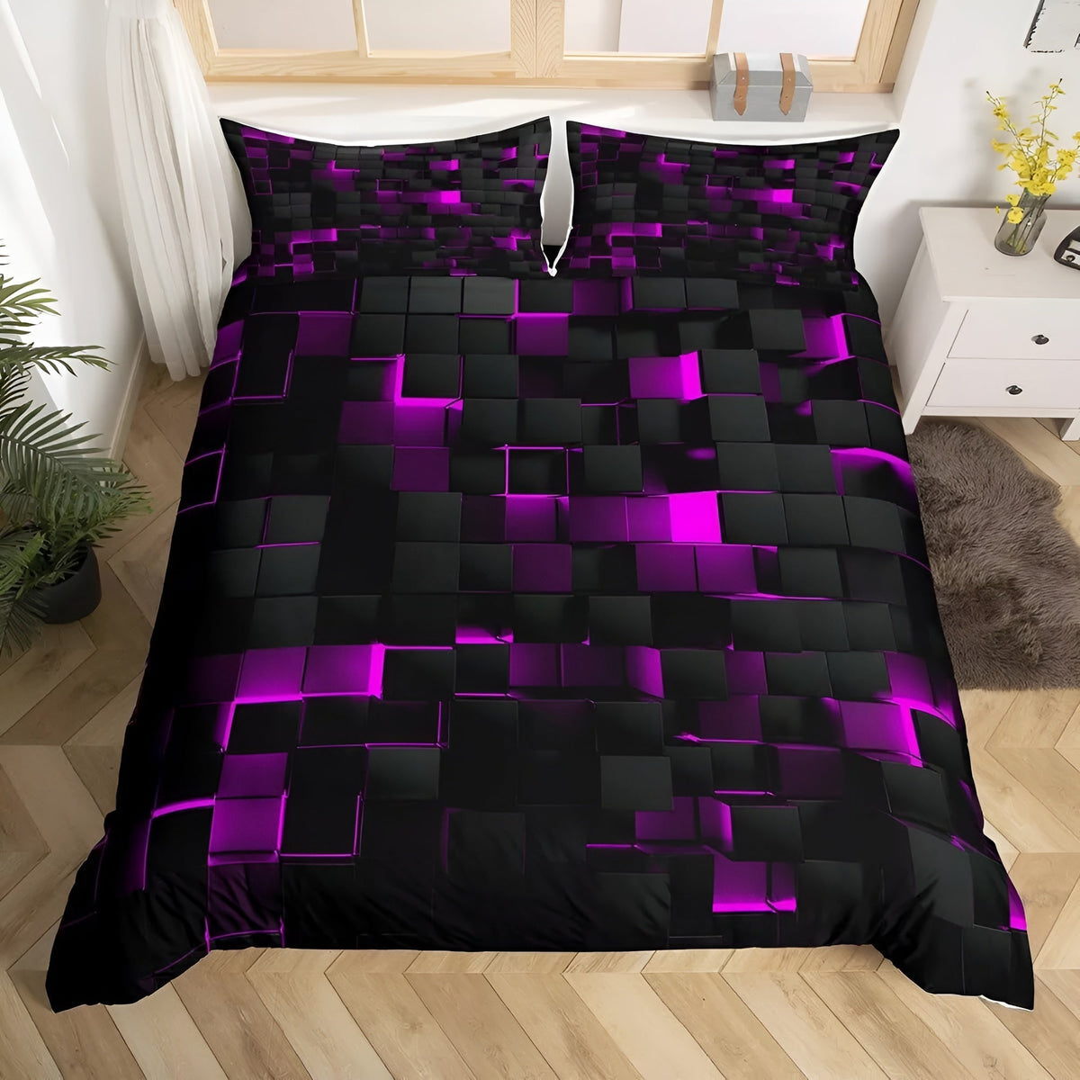 Geometrisch dekbedovertrek set met neon 3D grid print – microfiber