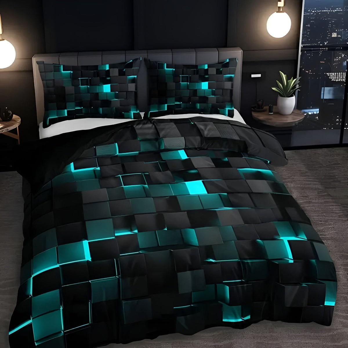 Geometrisch dekbedovertrek set met neon 3D grid print – microfiber