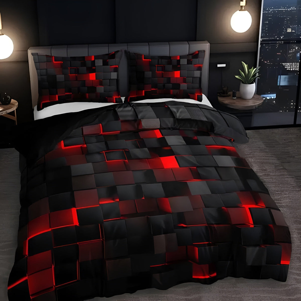 Geometrisch dekbedovertrek set met neon 3D grid print – microfiber
