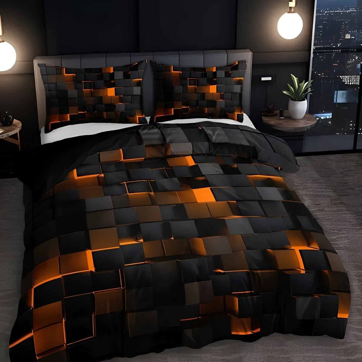 Geometrisch dekbedovertrek set met neon 3D grid print – microfiber