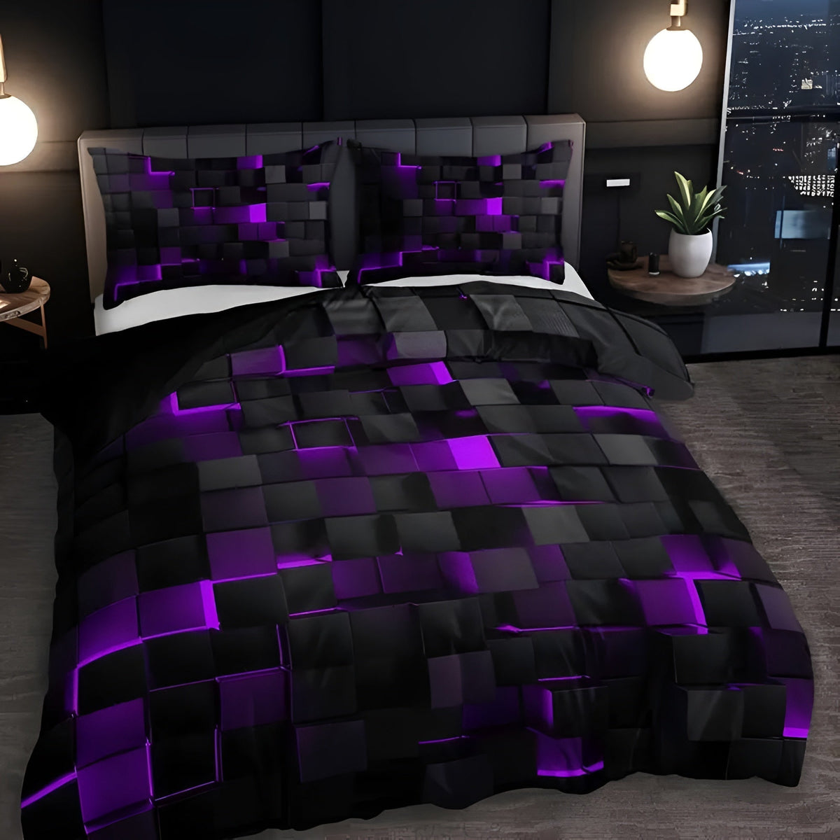 Geometrisch dekbedovertrek set met neon 3D grid print – microfiber