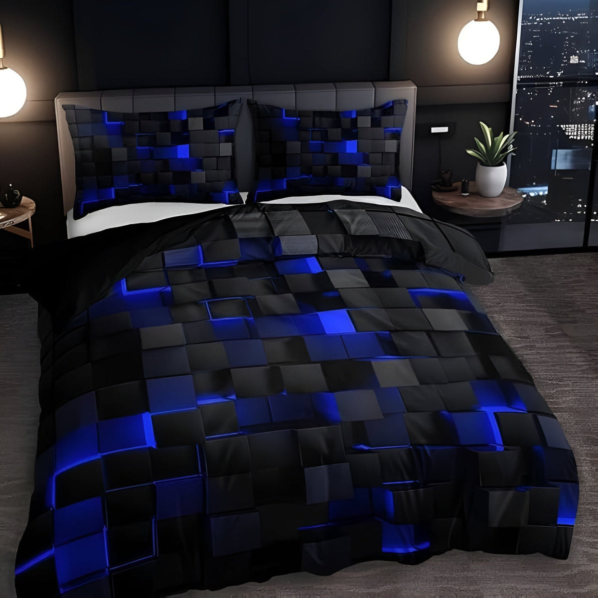 Geometrisch dekbedovertrek set met neon 3D grid print – microfiber