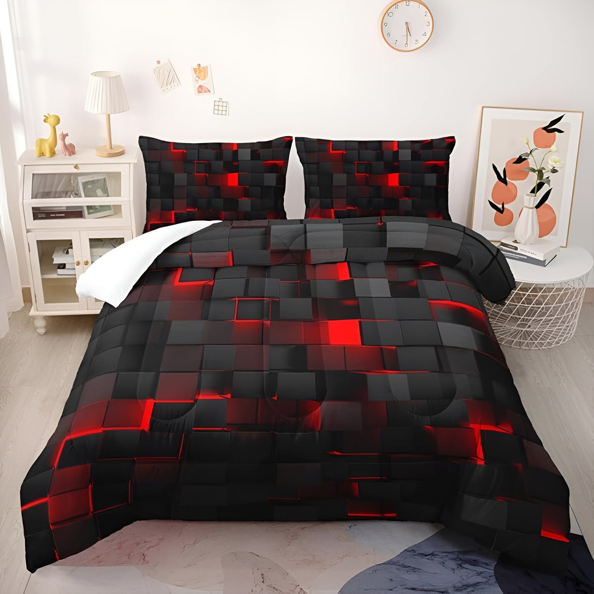 Geometrisch dekbedovertrek set met neon 3D grid print – microfiber