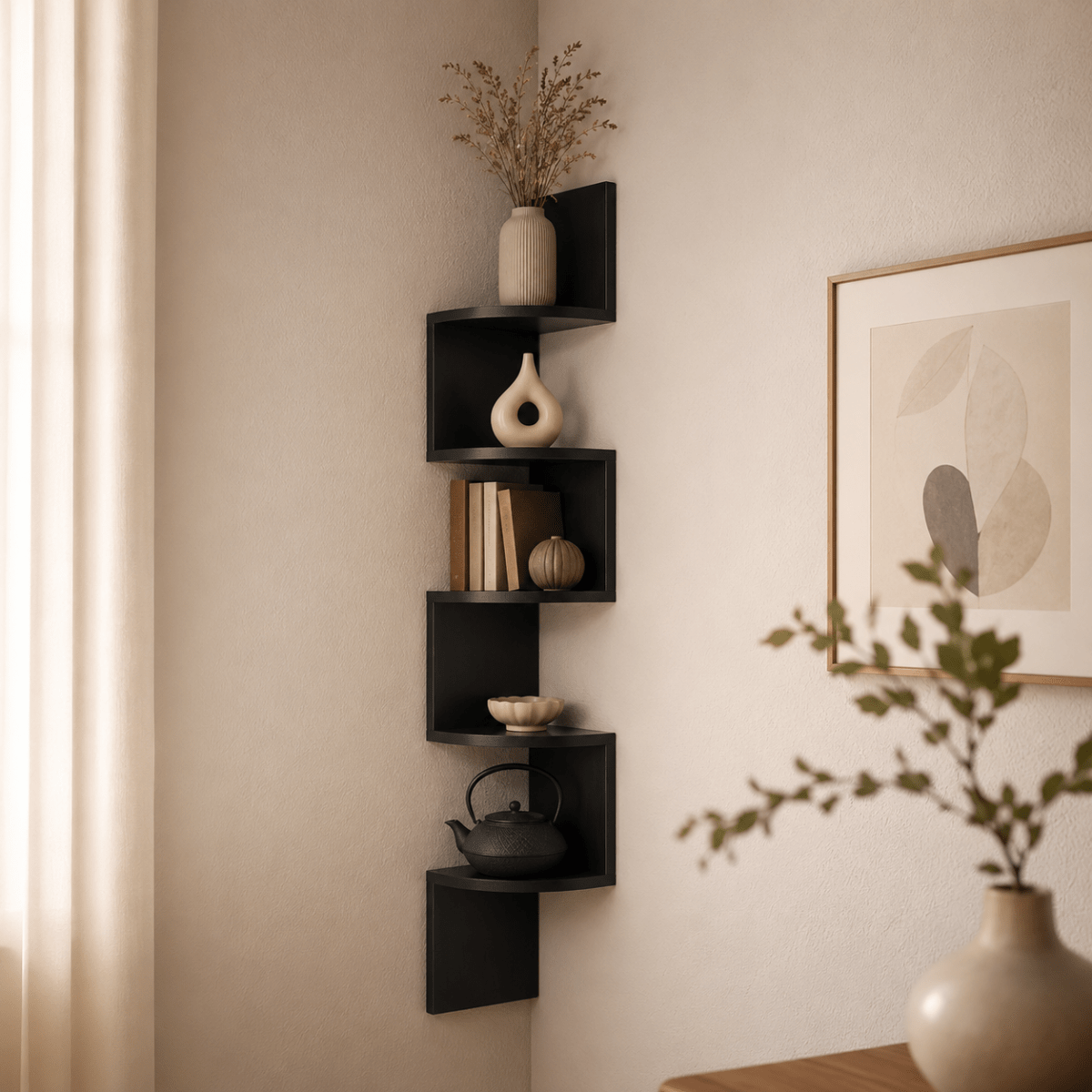 Hoekwandplank met meerdere niveaus voor woonkamer en kantoor