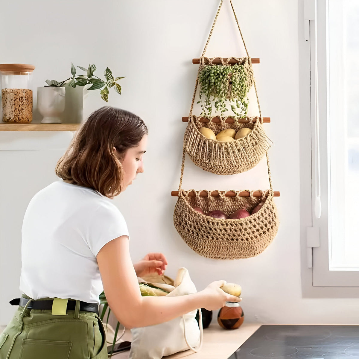 Hangende fruitmand van jute – meerdere verdiepingen voor de keuken
