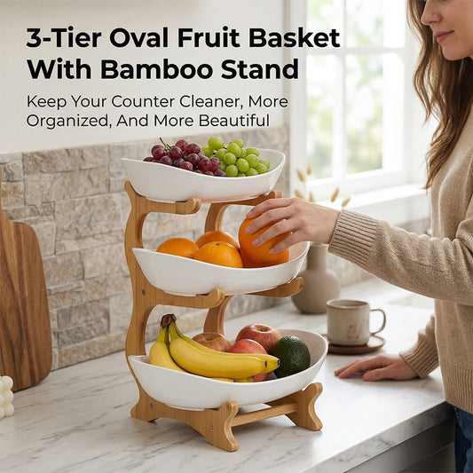 Drielaagse Fruitmand van Bamboe voor een Opgeruimde Keuken