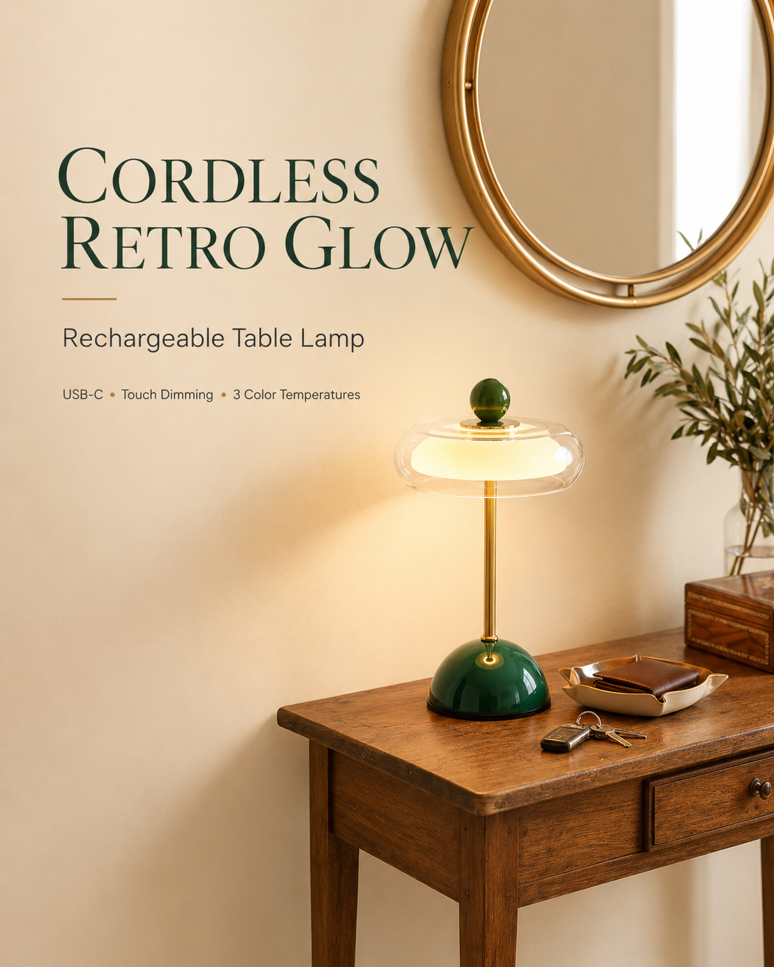 Oplaadbare glazen tafellamp met dimfunctie – retro design