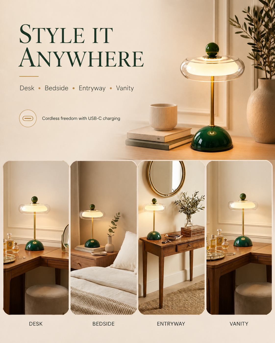 Oplaadbare glazen tafellamp met dimfunctie – retro design