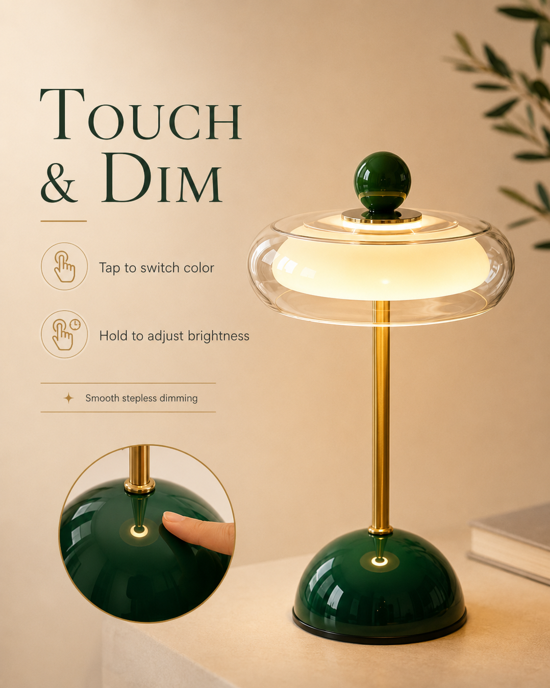 Oplaadbare glazen tafellamp met dimfunctie – retro design