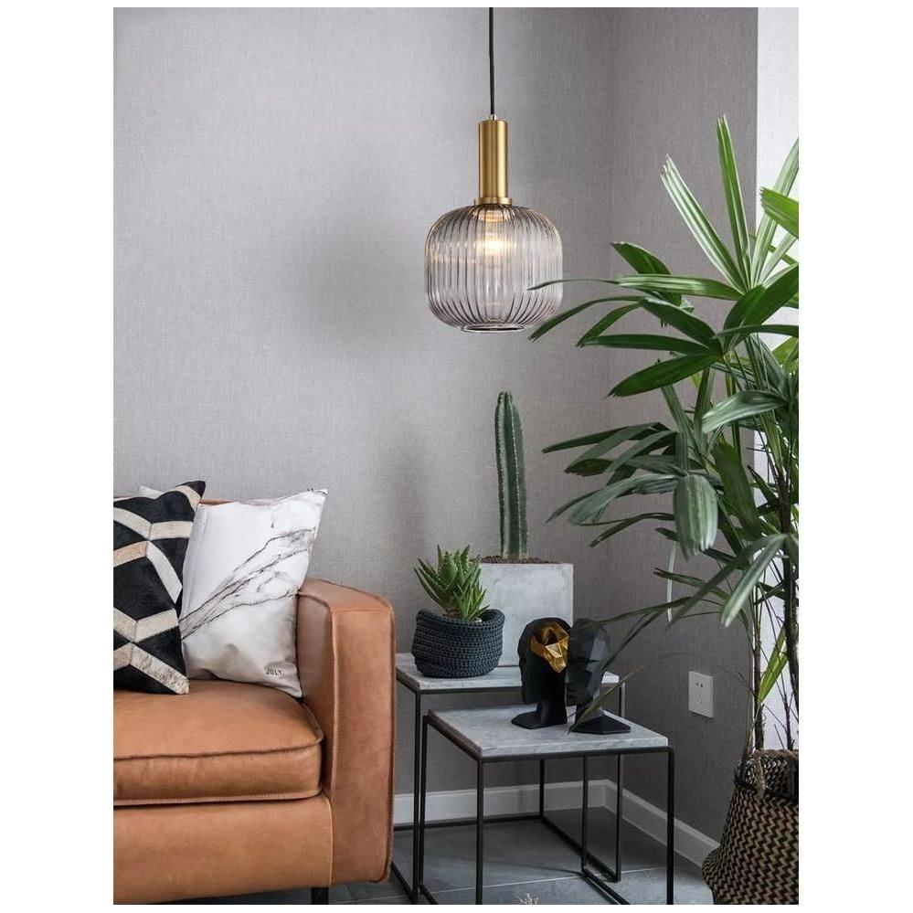 Hanglamp Ribbeldglas Vintage – Hanglamp met Gouden Fitting E27