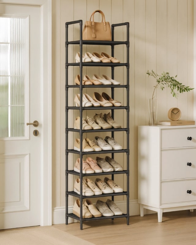 Smal schoenenrek met metalen frame en 10 etages – ruimtebesparend