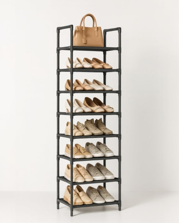 Smal schoenenrek met metalen frame en 10 etages – ruimtebesparend