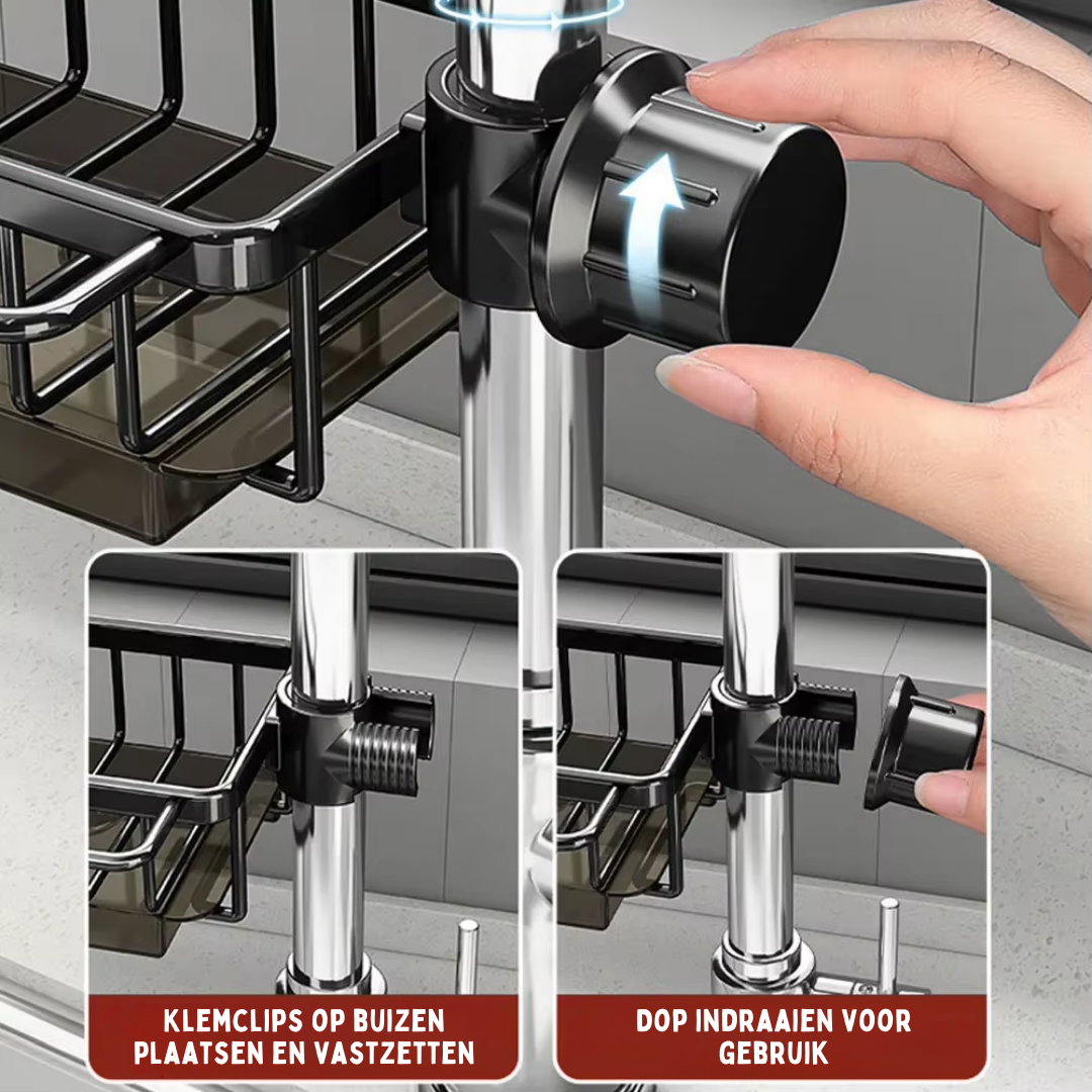 Gootsteenorganizer voor Sponzen, Borstels en Zeep – Zonder Boren