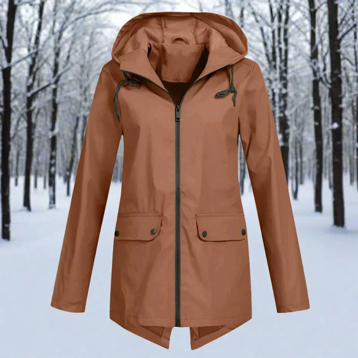 Waterdichte damesregenjas met capuchon – Longline rits